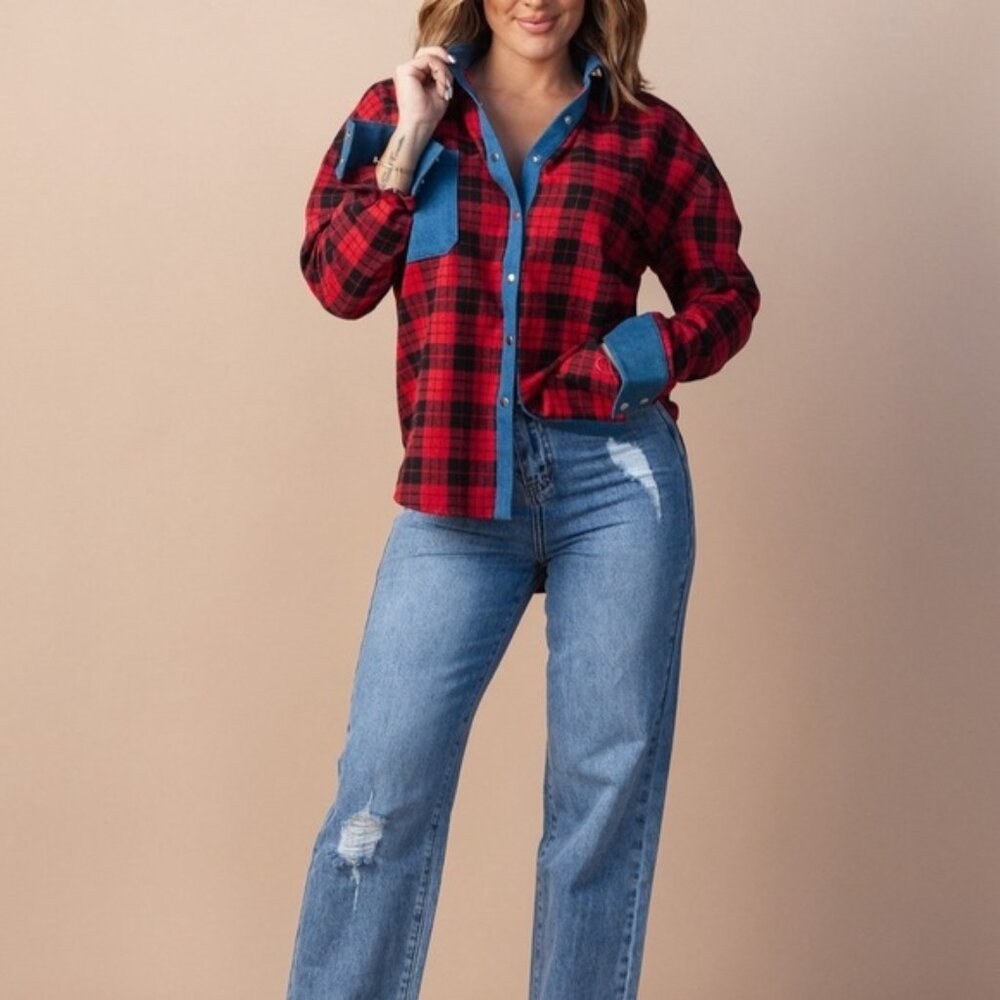 By Egreis Mandana red plaid print top in Large.